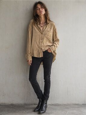 Velvet Heart Tan Washed Button Down Blouse XL Grunge Indie Boho Shirt